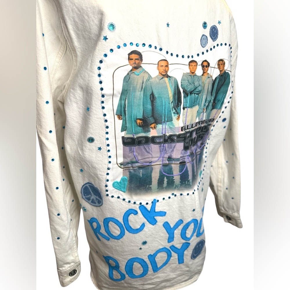 🫶🏼Backstreet Boys White Denim Jacket Custom Hand-Painted Rhinestone Coat